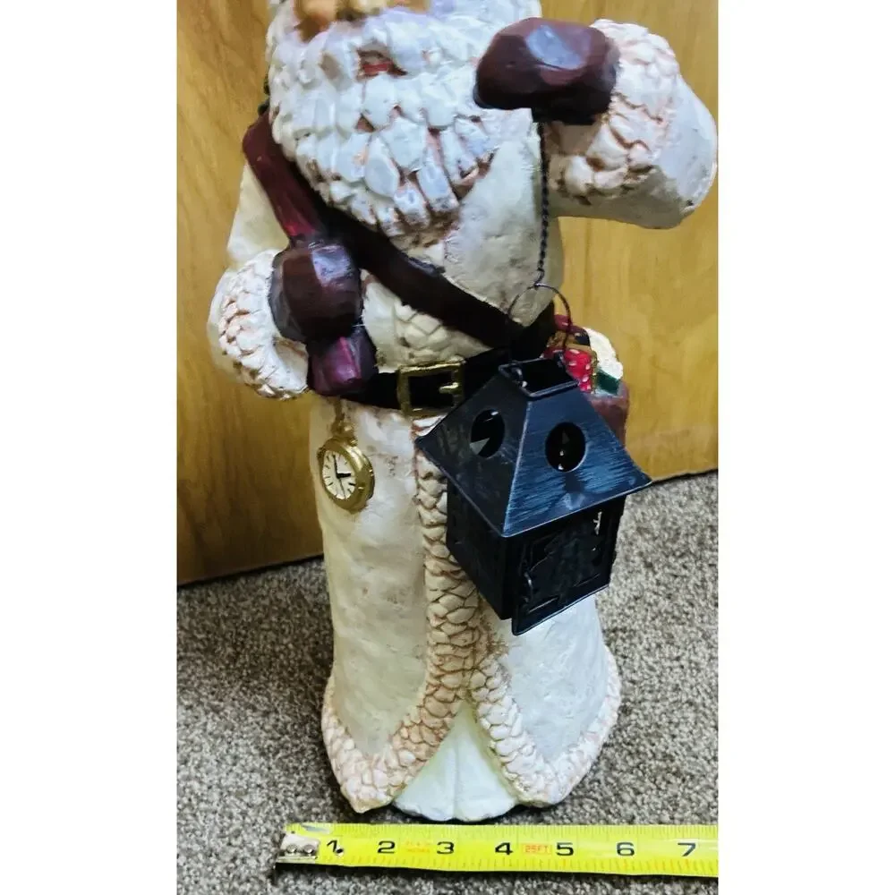 Hand Painted 2 Pc Santa Claus Figurine Metal Lantern Detailed Gold Pkt Watch 14”